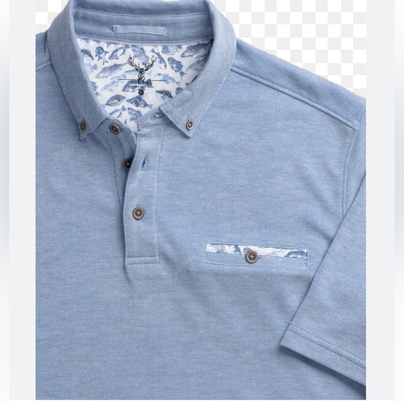 Nicoby Other - NICOBY AGE OF WISDOM Peach Finish Performance Polo IN BLUE W/ FISH DETAIL